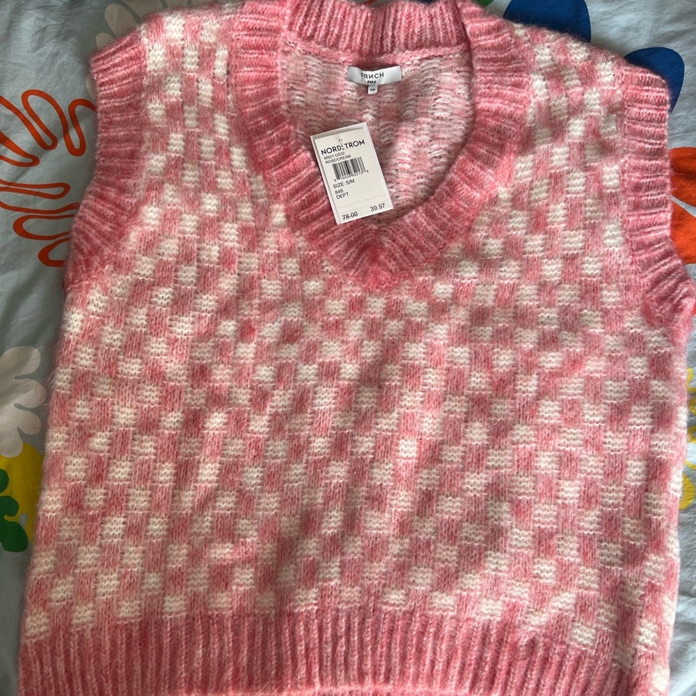 FRNCH Pink and White Checkered Sweater Vest